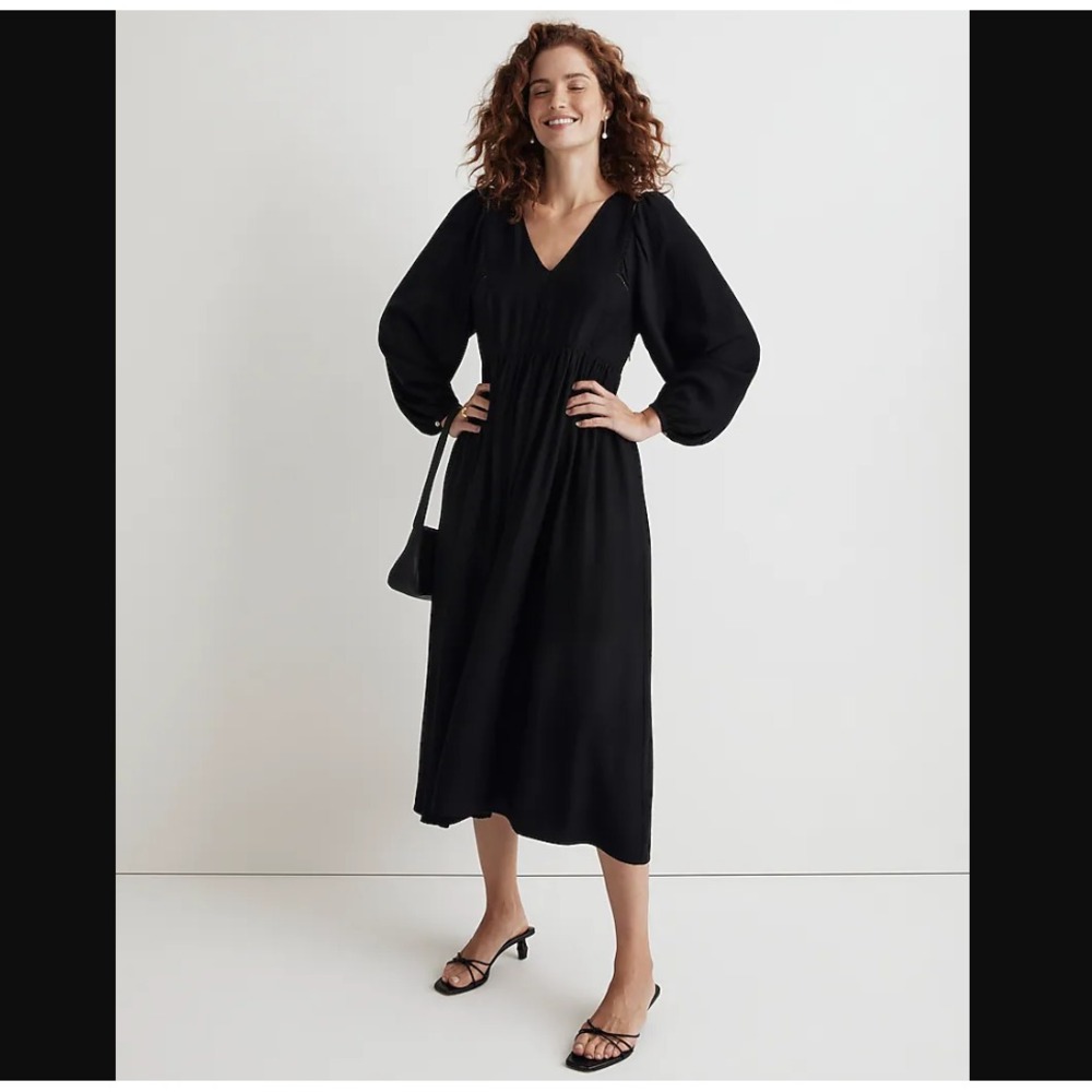Madewell NEW NWT Womens Petite PXXS Black V‎ Neck Empire Midi Dress